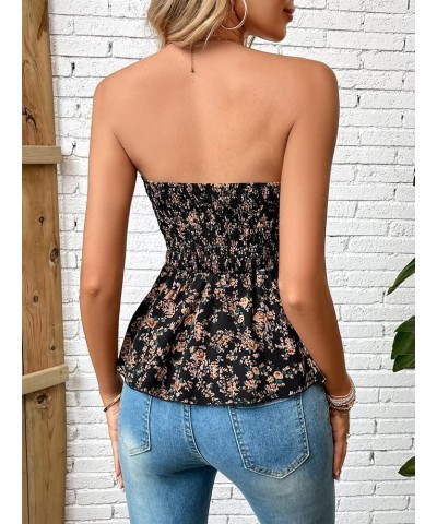 Women's Feather Print Shirred Peplum Blouse Strapless Backless Tube Top Black $6.62 Blouses