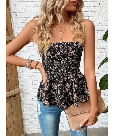 Women's Feather Print Shirred Peplum Blouse Strapless Backless Tube Top Black $6.62 Blouses