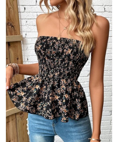 Women's Feather Print Shirred Peplum Blouse Strapless Backless Tube Top Black $6.62 Blouses