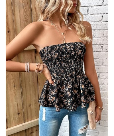 Women's Feather Print Shirred Peplum Blouse Strapless Backless Tube Top Black $6.62 Blouses