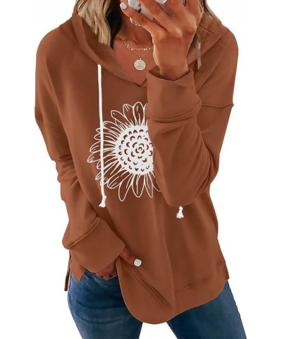 Women Sunflower Graphic Hoodies Long Sleeve Pullover Drawstring Sweatshirt Loose Fit Tunic Tops Caramel $16.49 Hoodies & Swea...