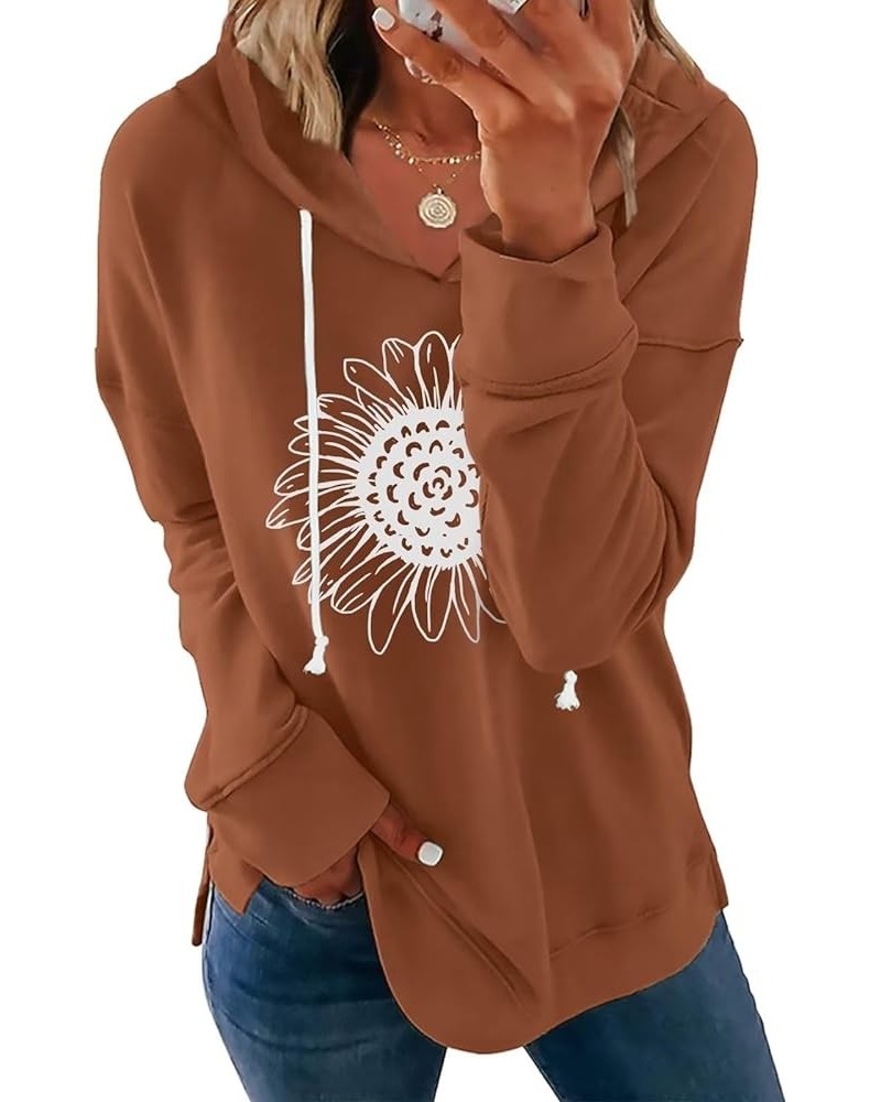 Women Sunflower Graphic Hoodies Long Sleeve Pullover Drawstring Sweatshirt Loose Fit Tunic Tops Caramel $16.49 Hoodies & Swea...