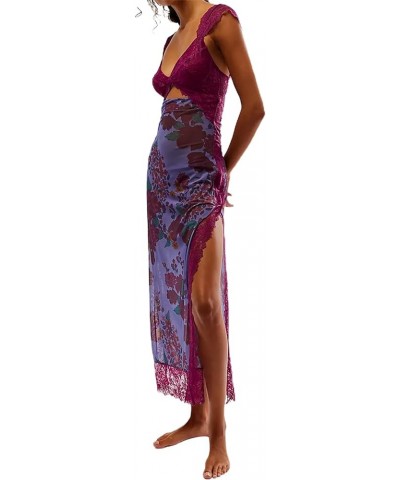 Women Sleeveless Maxi Dress Backless Bodycon Floral Printed Spaghetti Strap Long Dress Hollow Out One-Piece Summer 1dark Purp...