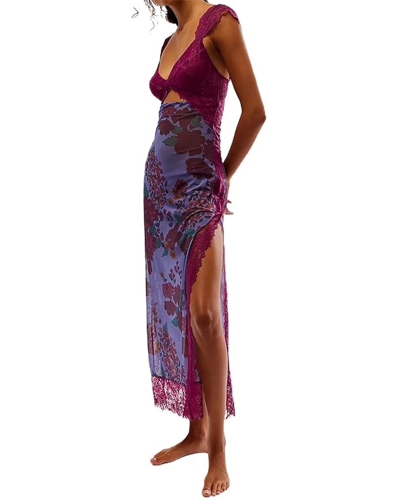 Women Sleeveless Maxi Dress Backless Bodycon Floral Printed Spaghetti Strap Long Dress Hollow Out One-Piece Summer 1dark Purp...