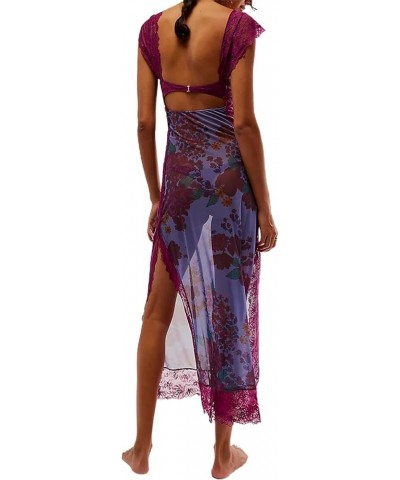 Women Sleeveless Maxi Dress Backless Bodycon Floral Printed Spaghetti Strap Long Dress Hollow Out One-Piece Summer 1dark Purp...