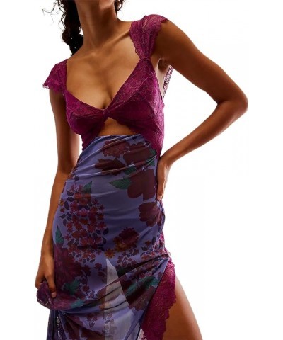 Women Sleeveless Maxi Dress Backless Bodycon Floral Printed Spaghetti Strap Long Dress Hollow Out One-Piece Summer 1dark Purp...