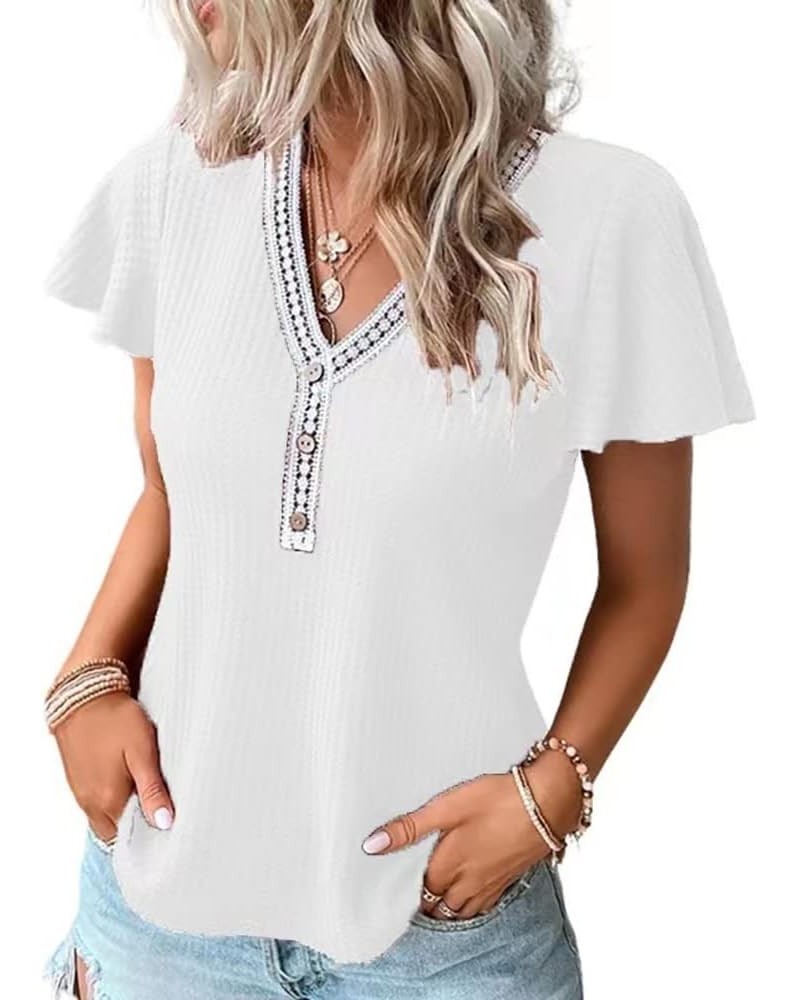 Women Waffle Knit Crochet Embellished Collar Cap Sleeve Gypsy Summer Top V-Neck Loose T-Shirt A-white $10.12 Sweaters