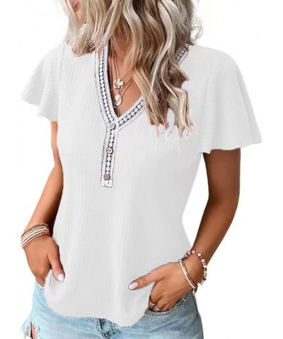 Women Waffle Knit Crochet Embellished Collar Cap Sleeve Gypsy Summer Top V-Neck Loose T-Shirt A-white $10.12 Sweaters