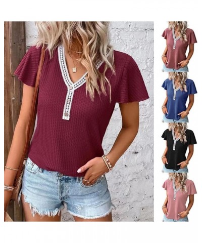 Women Waffle Knit Crochet Embellished Collar Cap Sleeve Gypsy Summer Top V-Neck Loose T-Shirt A-white $10.12 Sweaters