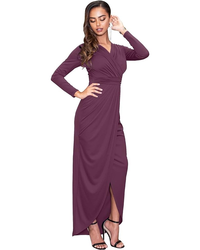 Womens Long Sleeve Formal Wrap Draped Cocktail V-Neck Gown Maxi Dress Plum Dark Purple $28.47 Dresses