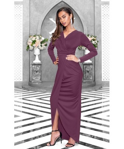 Womens Long Sleeve Formal Wrap Draped Cocktail V-Neck Gown Maxi Dress Plum Dark Purple $28.47 Dresses