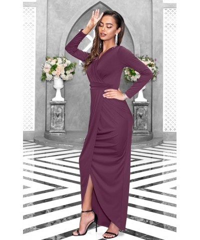 Womens Long Sleeve Formal Wrap Draped Cocktail V-Neck Gown Maxi Dress Plum Dark Purple $28.47 Dresses