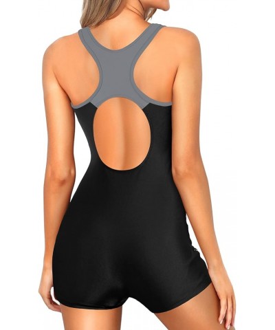 Womens One Piece Swimsuits with Shorts Boyleg Bathing Suits Athletic Sport Swimwear Black and Gray $20.51 Swimsuits