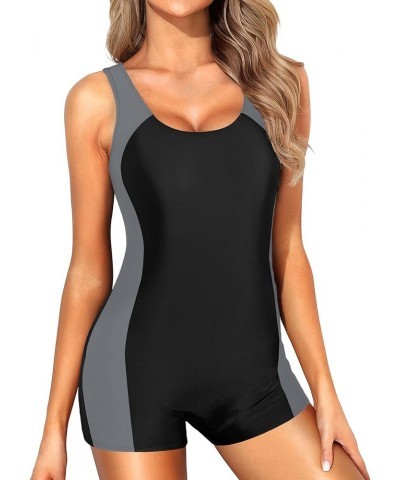 Womens One Piece Swimsuits with Shorts Boyleg Bathing Suits Athletic Sport Swimwear Black and Gray $20.51 Swimsuits