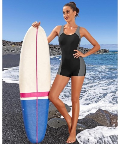 Womens One Piece Swimsuits with Shorts Boyleg Bathing Suits Athletic Sport Swimwear Black and Gray $20.51 Swimsuits