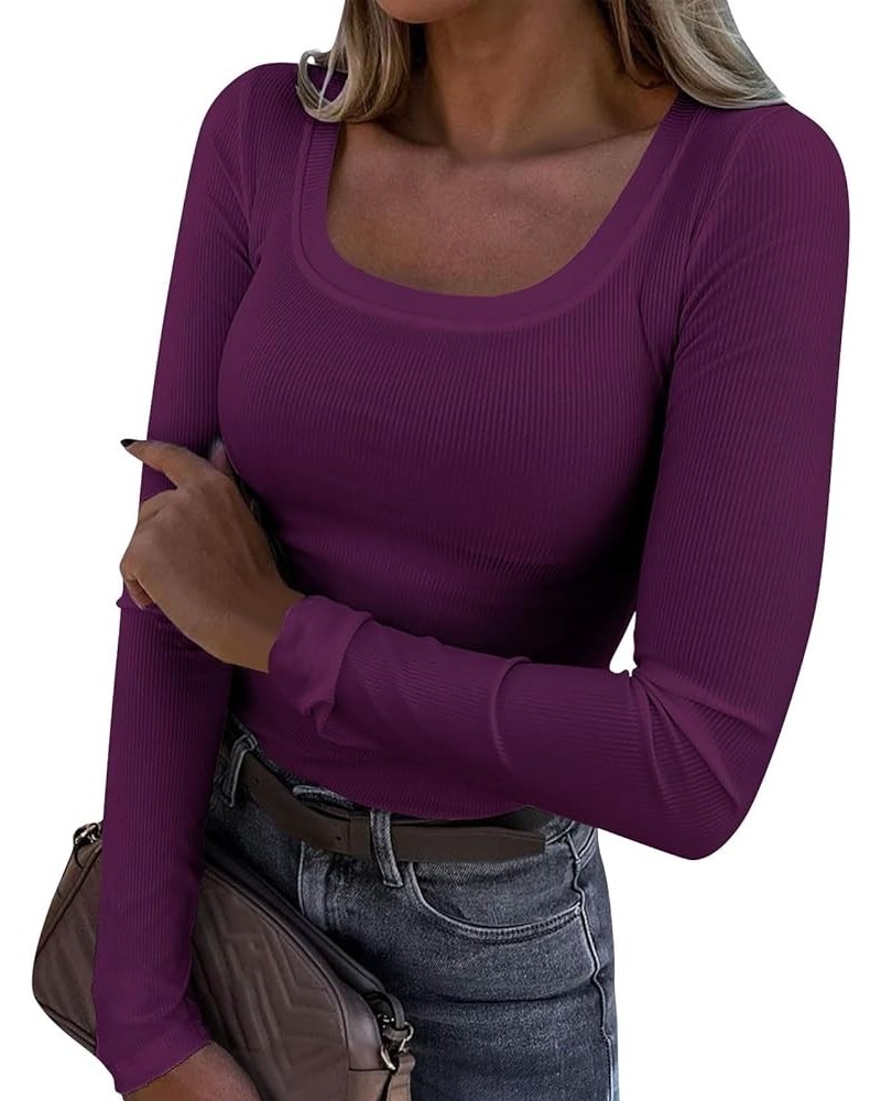 Womens Long Sleeve Scoop Neck Ribbed Knit Fitted Casual Tops Basic Solid Slim Tee Shirts Purple $7.27 T-Shirts