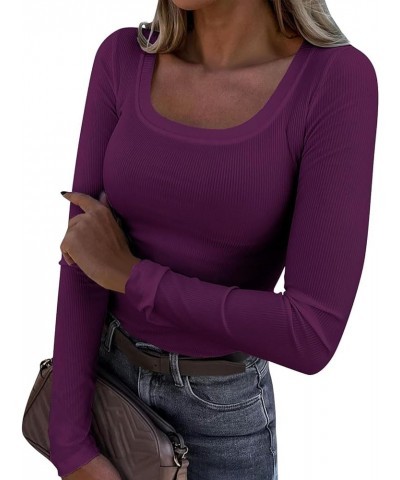 Womens Long Sleeve Scoop Neck Ribbed Knit Fitted Casual Tops Basic Solid Slim Tee Shirts Purple $7.27 T-Shirts