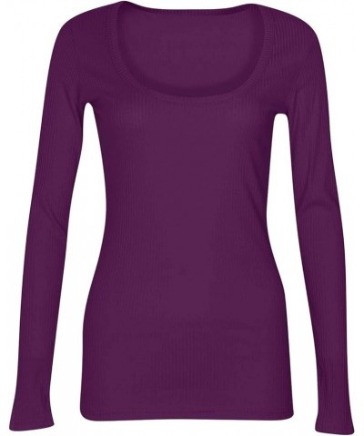 Womens Long Sleeve Scoop Neck Ribbed Knit Fitted Casual Tops Basic Solid Slim Tee Shirts Purple $7.27 T-Shirts