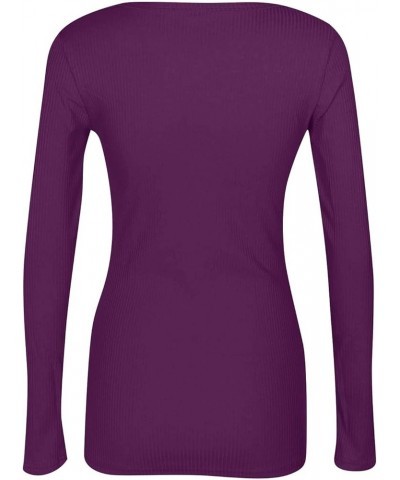 Womens Long Sleeve Scoop Neck Ribbed Knit Fitted Casual Tops Basic Solid Slim Tee Shirts Purple $7.27 T-Shirts