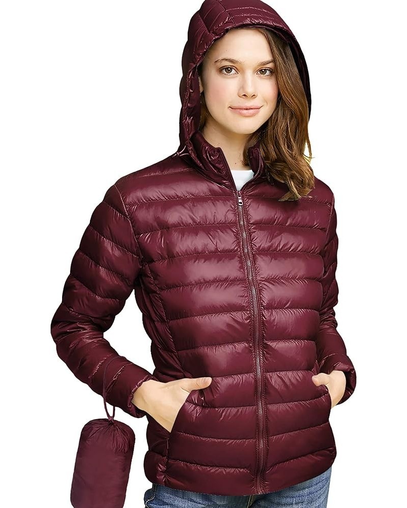 Women's Ultra Light Weight Packable Down Jacket with Removable Hoodie Wjc2144_wine $27.53 Jackets