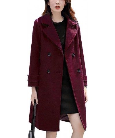 Women's Double Breasted Notched Collar Wool Blend Trench Coat Long Peacoat Wine-red $32.99 Coats