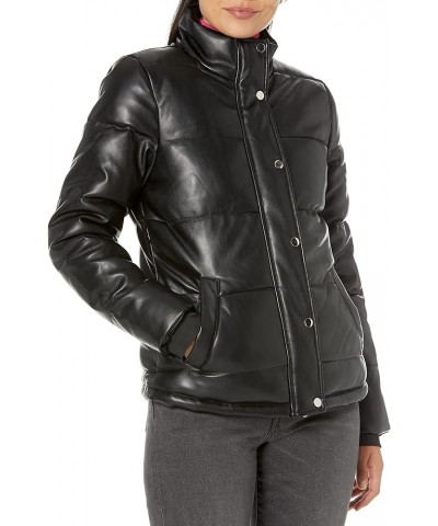 Women's Junior Pleather High Collar Puffer Jacket Black $16.75 Jackets