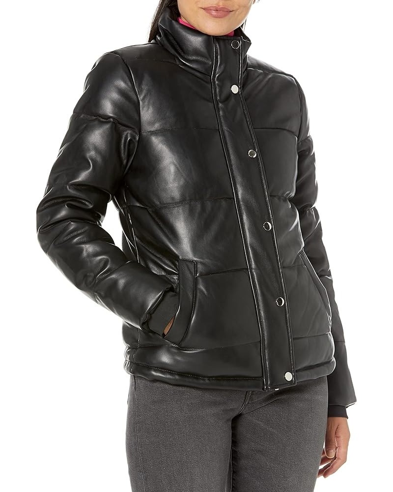 Women's Junior Pleather High Collar Puffer Jacket Black $16.75 Jackets