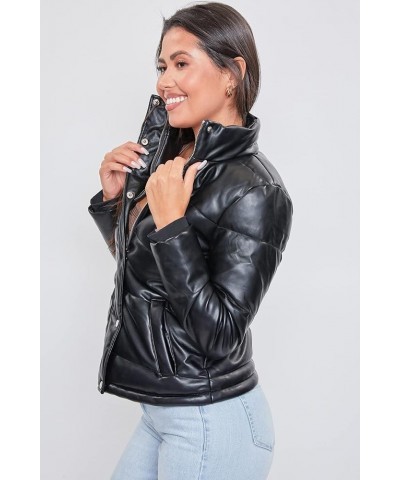 Women's Junior Pleather High Collar Puffer Jacket Black $16.75 Jackets