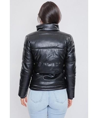 Women's Junior Pleather High Collar Puffer Jacket Black $16.75 Jackets