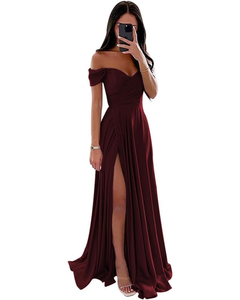 Off-The-Shoulder Bridesmaid Dress V-Neck A-line Bodice Long Satin Pleats high Slit Formal Dress with Pockets Burgundy $27.73 ...