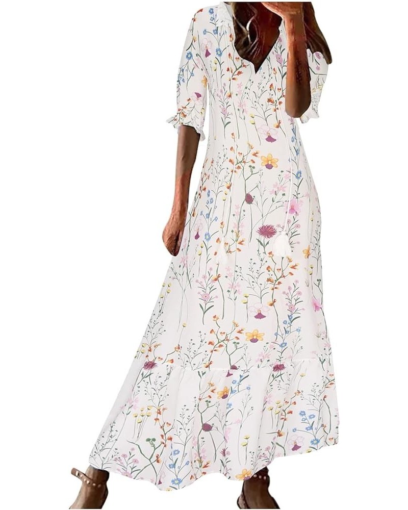 Maxi Dress for Women Half Sleeve Casual V Neck Drawstring Ruffle Collar Dresses 2024 Lightweight Floral Boho Sundress D03yell...