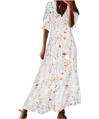 Maxi Dress for Women Half Sleeve Casual V Neck Drawstring Ruffle Collar Dresses 2024 Lightweight Floral Boho Sundress D03yell...