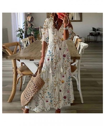 Maxi Dress for Women Half Sleeve Casual V Neck Drawstring Ruffle Collar Dresses 2024 Lightweight Floral Boho Sundress D03yell...