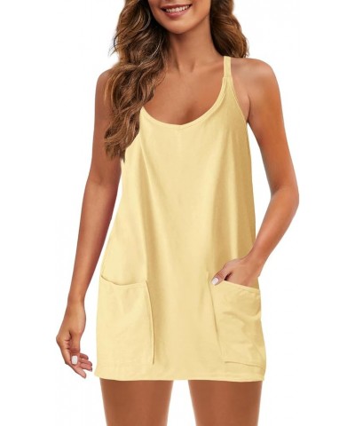 Womens Mini Dress with Shorts Workout Dress Short Sleeveless Summer Dress with Pockets Light Yellow $17.28 Dresses