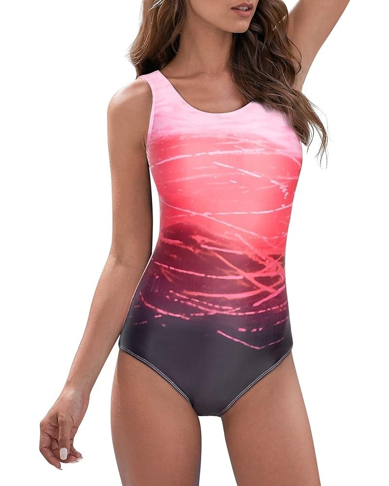 One Piece Swimsuit Women Criss Cross Back Color Block Print Bathing Suits Athletic Modest Swimwear E Red $20.09 Swimsuits