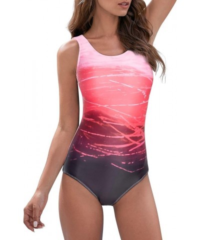 One Piece Swimsuit Women Criss Cross Back Color Block Print Bathing Suits Athletic Modest Swimwear E Red $20.09 Swimsuits