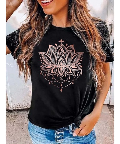 Mandala Shirt for Women Lotus Flower Graphic Tees Short Sleeve Casual Mandala T Shirts Tops Black $12.97 T-Shirts