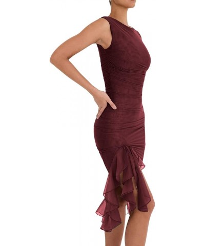 Eleagnt Women 's Backless Mesh Midi Bodycon Dresses Irregular Ruffle Hem Mermaid Fishtail Tank Dress Wine Red $11.79 Dresses