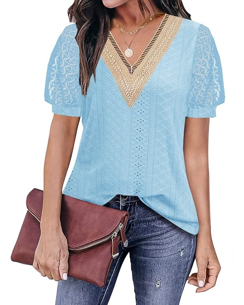 Womens Tops Casual Cute Tops Puff Sleeve Summer Tops 2024 Trendy Floral Print Lace V Neck Short Sleeve Shirts B Lace Blue $17...