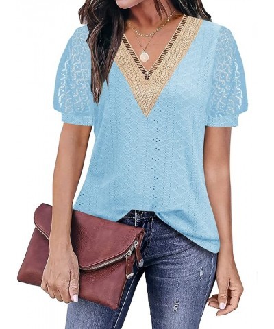 Womens Tops Casual Cute Tops Puff Sleeve Summer Tops 2024 Trendy Floral Print Lace V Neck Short Sleeve Shirts B Lace Blue $17...