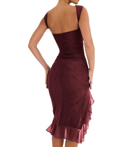 Eleagnt Women 's Backless Mesh Midi Bodycon Dresses Irregular Ruffle Hem Mermaid Fishtail Tank Dress Wine Red $11.79 Dresses