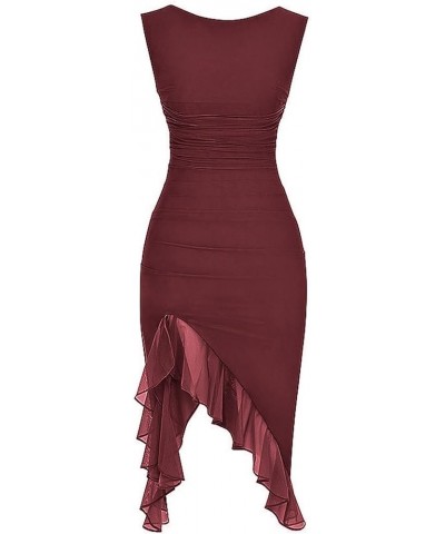 Eleagnt Women 's Backless Mesh Midi Bodycon Dresses Irregular Ruffle Hem Mermaid Fishtail Tank Dress Wine Red $11.79 Dresses