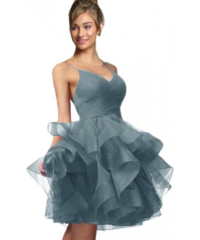 Women's Puffy Ruffle Short Homecoming Dress Tull Tutu Prom Dress V Neck Formal Party Gown Dusty Blue B $48.44 Dresses