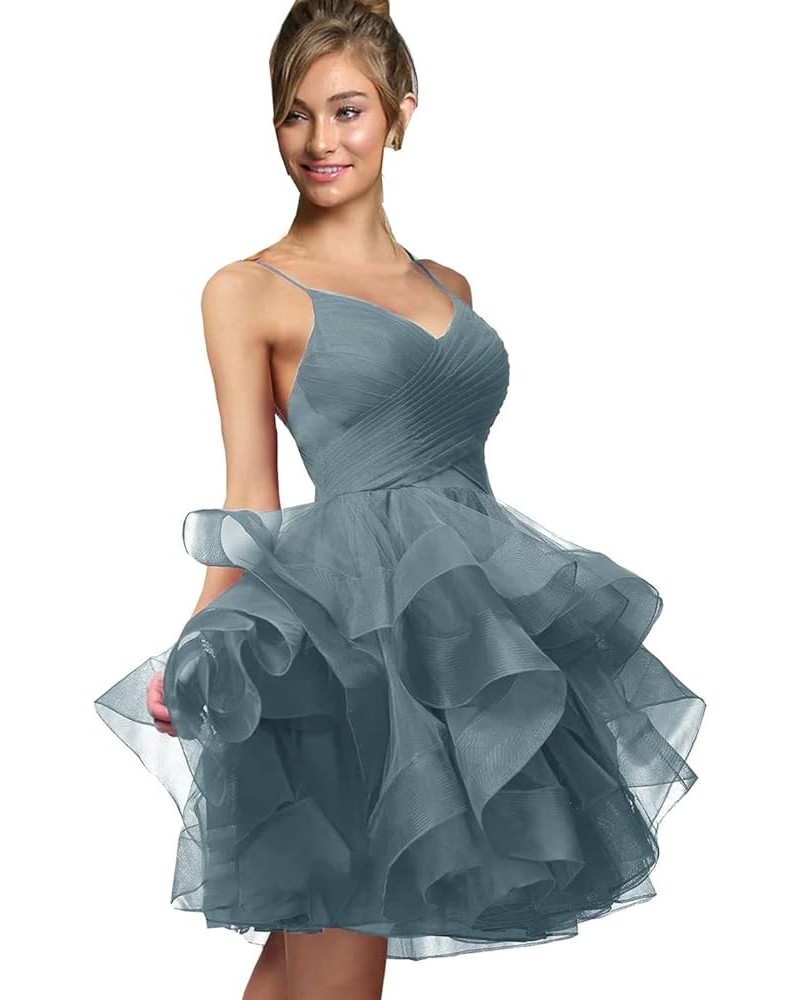 Women's Puffy Ruffle Short Homecoming Dress Tull Tutu Prom Dress V Neck Formal Party Gown Dusty Blue B $48.44 Dresses