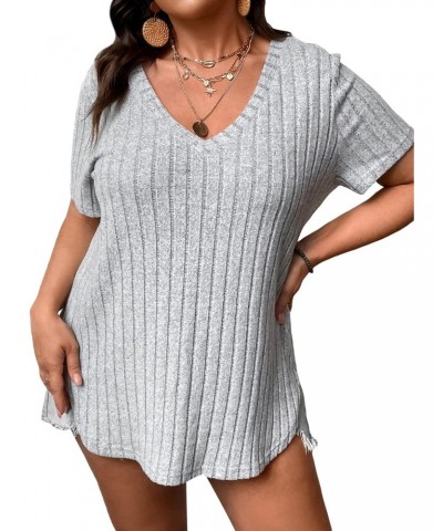 Women's Plus Size Casual Ribbed Knit Short Sleeve V Neck Tee Shirt Tops Grey 1XL $15.07 T-Shirts