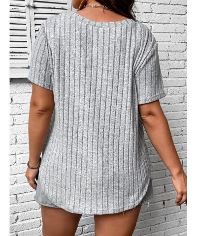 Women's Plus Size Casual Ribbed Knit Short Sleeve V Neck Tee Shirt Tops Grey 1XL $15.07 T-Shirts