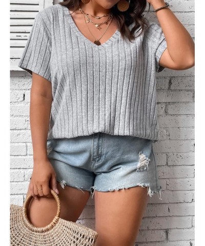 Women's Plus Size Casual Ribbed Knit Short Sleeve V Neck Tee Shirt Tops Grey 1XL $15.07 T-Shirts