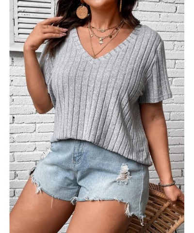 Women's Plus Size Casual Ribbed Knit Short Sleeve V Neck Tee Shirt Tops Grey 1XL $15.07 T-Shirts