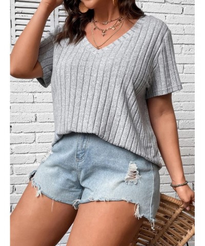 Women's Plus Size Casual Ribbed Knit Short Sleeve V Neck Tee Shirt Tops Grey 1XL $15.07 T-Shirts