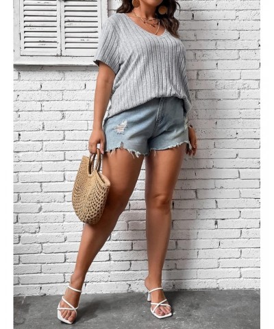 Women's Plus Size Casual Ribbed Knit Short Sleeve V Neck Tee Shirt Tops Grey 1XL $15.07 T-Shirts